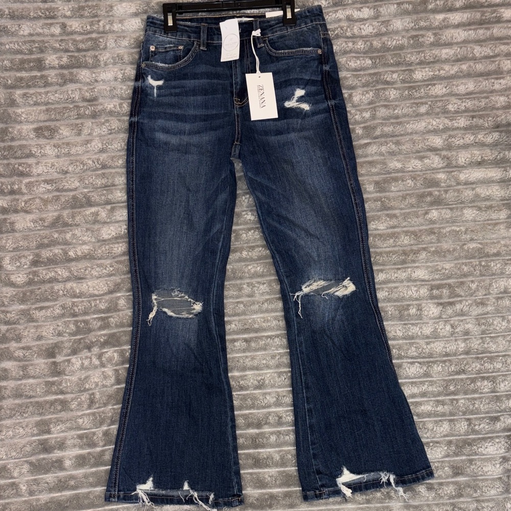 Zenana Dark Blue Distressed Flare Jeans